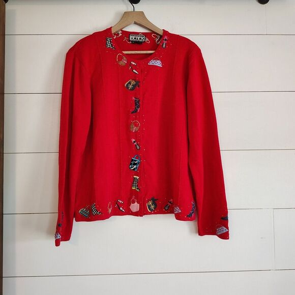 Vtg Berek 2 Sweater Cardigan Red Embellished Purse Shoes Sequins Artsy Size XL - Picture 1 of 8